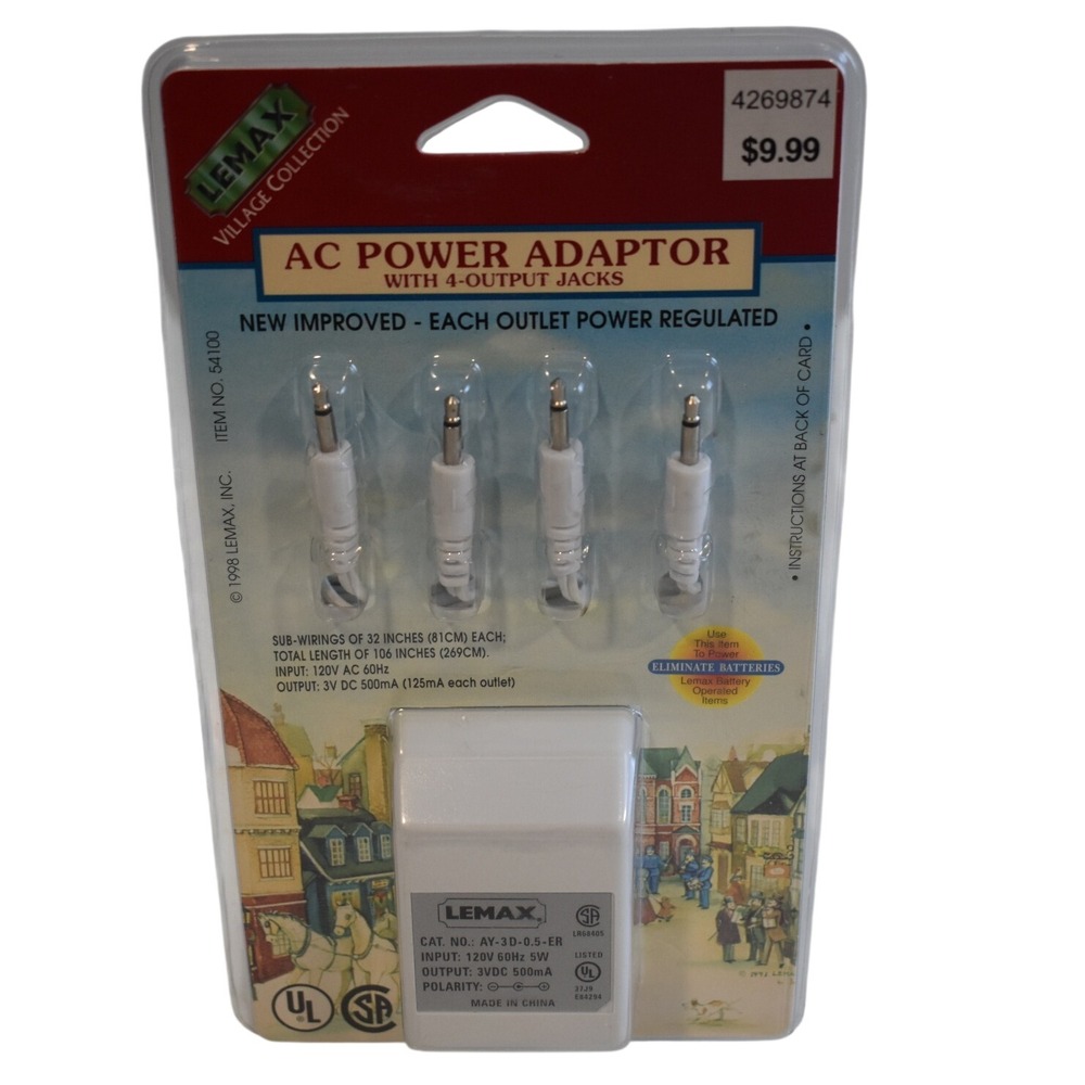 1998 Lemax #54100 Village AC Power Adapter 3 Volt Output/4 Jacks 110v Plug NOS